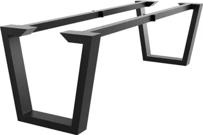 A pair of black metal table legs with a V-shaped design, shown from a diagonal angle against a white background.