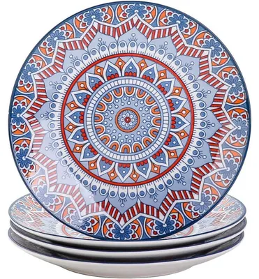 Image de Assiettes à dessert, céramique, lot de 4, motif mandala turquoise, style bohème, diamètre 21,2 cm