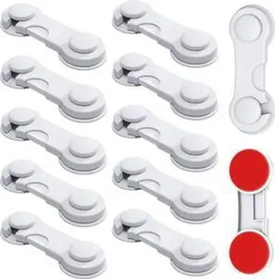 Produktbild von 12 Stück Kindersicherung Schrank, Weiß Schranksicherung Baby, Kindersicherung Schubladen für Kinder, schubladensicherung mit 3M Kleber, Zum Kleben Ohn
