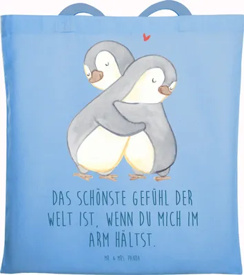 Produktbild von Mr. & Mrs. Panda Shopping Tasche Pinguine Kuscheln - Sky Blue - Geschenk, für Freundin, Jahrestag, Hochzeitstag, Einkaufstasche, Frauen, festivaltasche, Partner, totebag