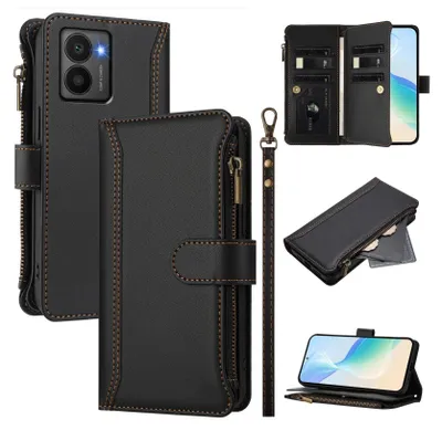 Image de Étui pour HMD Fusion, zippé, portefeuille Étui à rabat en cuirPolyuréthaneavec poches pour cartes, support et boucle pour les mains noir
