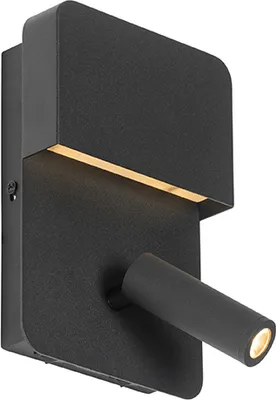 Produktbild von Qazqa led Modern Wandleuchte mit Lesearm, Wandlampe - Robin - Schwarz, Rechteckig, inkl. 3.5W integrierter LED, 3000K, warmweiß, 2-flammig, 20cm, Ideal als Schlafzimmerlampe