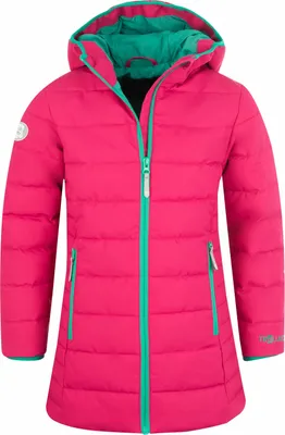 A pink puffer jacket with teal accents, shown front-on against a white background.