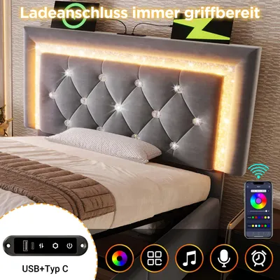 Produktbild von Polsterbett 90x200 cm Samt Einzelbett mit LED-Diamantband im Kopfteil,USB & Type-C Ladestation, modernes Jugendbett mit Lattenrost,Grau(Mit Matratze)
