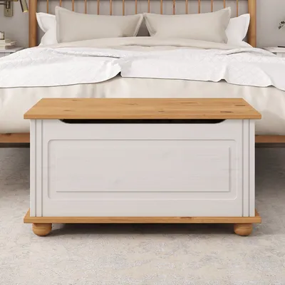 Produktbild von Sitztruhe BRISTOL aus Massivholz, Weiß/Braun - Truhe im Landhausstil, vielseitige Sitzbank, Kiste Massivholz mit sicherem Klemmschutz, Truhenbank ideal zur Aufbewahrung