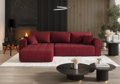 Image de Canapé d'angle avec fonction sommeil et coffre de lit MILO, tissu MONOLITH, rouge, gauche