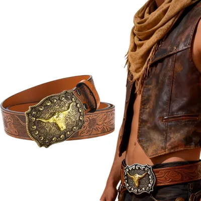 Productafbeelding van Vintage Cowboyriem voor Mannen met Hoorn en Bulleffect