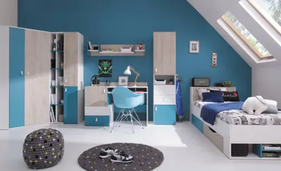 Produktbild von Jugendzimmer Komplett - Set A "Aalst", 6-teilig, Eiche / Weiß / Blau