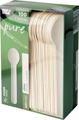 Obrázok produktu pre PAPSTAR papierová lyžička "pure", dĺžka: 155 mm, biela, 100 ks, z papiera vhodného na použitie v potravinách, certifikovaná pevná, - 1 ks (88067)