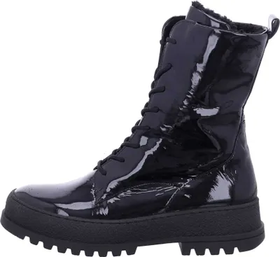 A black patent leather boot with laces and a thick sole, shown from the side against a white background.