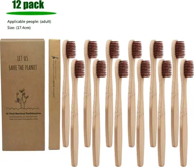 Produktbild von Reise-Zahnbürste aus Bambus, 12-teilig Set, Weiche & Flachborsten, Für Erwachsene, Kaffeefarben, 18.5cm Box, Hotelausstattung