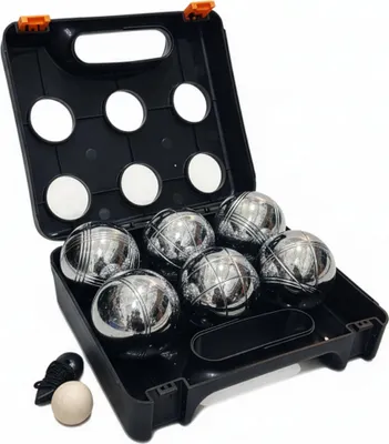 Obrázok produktu pre Relaxdays Boule gule, 6 oceľových gúľ, sada s cieľovou gúľou, meradlom vzdialenosti a kufríkom, hra boccia, čierna/strieborná