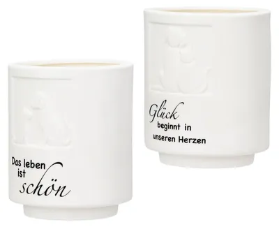 Zdjęcie produktu dla Gilde Windlicht, zylindrisch, "Tierliebe", Spruch, Porzellan, weiß, VE 4, 2fach sortiert, H. 11 cm, D. 9 cm