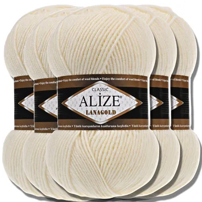 Produktbild von Alize 5x 100g Lanagold Wolle, Uni, Häkeln, Stricken (Cream | 1)