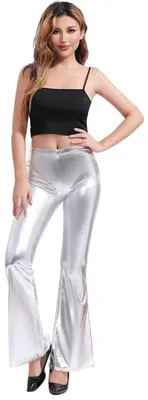 Produktbild von Damenhose, hohe Taille, glänzend, Metallic, 80er-Jahre, lang, breit, für Tanz, S