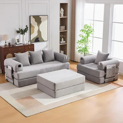 Produktbild von Modulares 4-Sitzer Cord-Kompressionssofa Hocker Seitentasche 4 Kissen 200x190x67 cm hellgrau