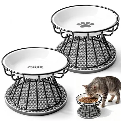 Immagine prodotto di Set da 2 ciotole rialzate per gatti, in Vetroceramica con supporto in metallo e sottovaso in silicone