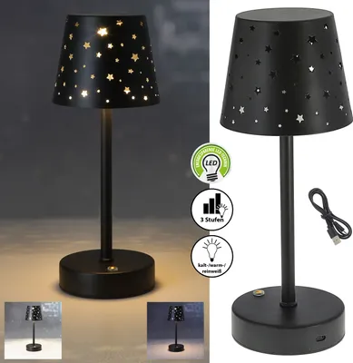 Produktbild von LED Tischleuchte Sterne gestanzt schwarz stufenlos dimmbar 3 Weißtöne 10x28cm USB-C zu USB Ladefunktion Touchfunktion