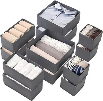 Productafbeelding van Opbergboxen, 12 stuks, wasbaar, met bodemverhoger en scheidingsstrips, donkergrijs