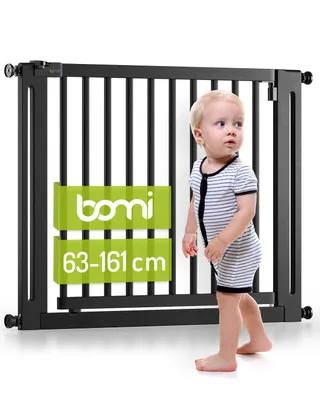 Image de BOMI® Barrière de sécurité bébé Miko sans perçage – Barrière de porte et d’escalier en bois (hêtre) – Fonction blocage 90° - noir