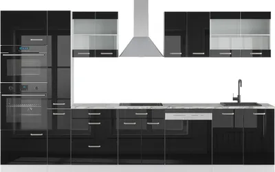 Produktbild von Küchenzeile Vicco R-Line Schwarz Hochglanz/Weiß 350 cm mit Hochschrank, AP Marmor, Model 40992