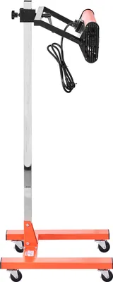 A pink and black infrared heat lamp on an orange wheeled stand.