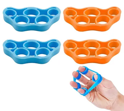 Immagine prodotto di Set di 4 elastici in silicone per esercizi delle dita, attrezzo per allenare la mano, con 2 elastici arancioni e 2 elastici blu
