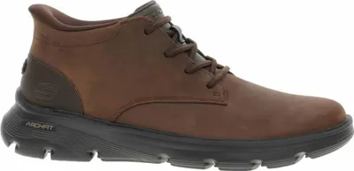 A single brown leather boot is shown against a white background.