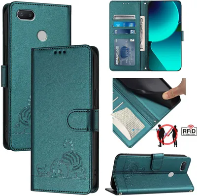 Produktbild von Leder Hülle für Xiaomi Redmi 6 /Redmi 6A Süße Katze Flip Case Brieftasche Schutzhülle mit Standfunktion Grün