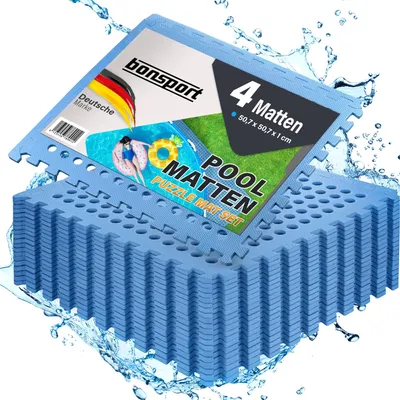 A stack of blue puzzle mats with a promotional overlay showing a person in a pool and product details.