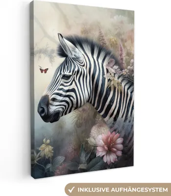 Obrázek produktu pro OneMillionCanvasses® - Obrazy na plátně - Zebra - Divoká zvířata - Motýl - Květiny, nástěnné umění, nástěnné dekorace Obývací pokoj, 80x120cm