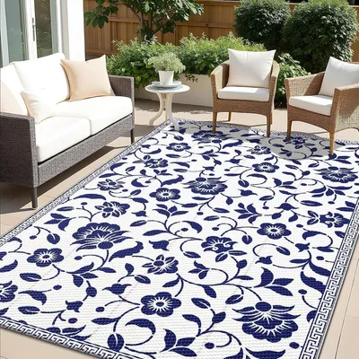 Immagine prodotto di Tappeto da esterno, motivo floreale, resistente alle intemperie, 150x240 cm, blu e bianco