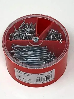A red plastic organizer box filled with screws, with a label on the front.
