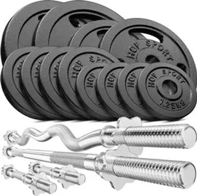 Produktbild von Hop-Sport GUSS Hantelset 66 kg, 1x Langhantel, 1x SZ Stange & 2X Kurzhantel inkl. 12 Hantelscheiben 2x10kg/2x5kg/4x2,5kg/4x1,25kg
