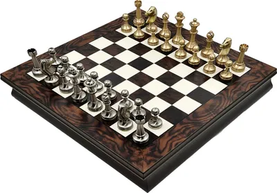 Produktbild von Italienisches Set Massives Messing Staunton 7,3 + Brettbox Walnuss-Wurzelholz 40