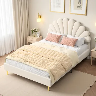 Produktbild von ProximaX Elegantes Doppelbett 140x200 cm aus beigem Samt mit gepolstertem, blütenförmigem Kopfteil – Weiches Polsterbett mit stabilem Rahmen und modernem Design für stilvolle Schlafzimmer