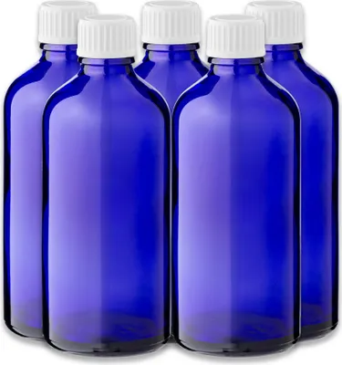 Produktbild von 5x Blaue Glasflasche 100 ml mit weißem Kunststoff-Schraubverschluss