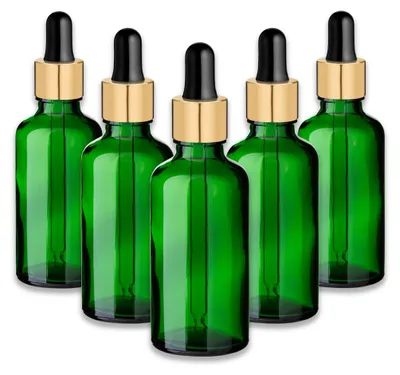 Produktbild von 5x Grüne Glasflasche 50 ml mit goldener Aluminium-Glaspipette Leer Set