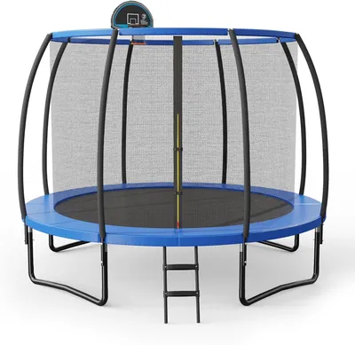 Produktbild von KOMFOTTEU Ø 305 cm Trampolin, Kindertrampolin mit Basketballkörbe & Leiter, rundes Gartentrampolin mit Sicherheitsnetz & Randabdeckung für Kinder & Erwachsene, Blau + Schwarz
