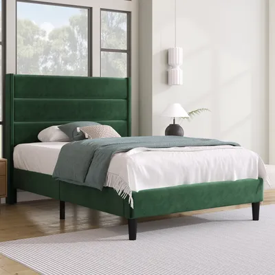 A dark green upholstered bed with a slatted headboard is shown in a bedroom setting.