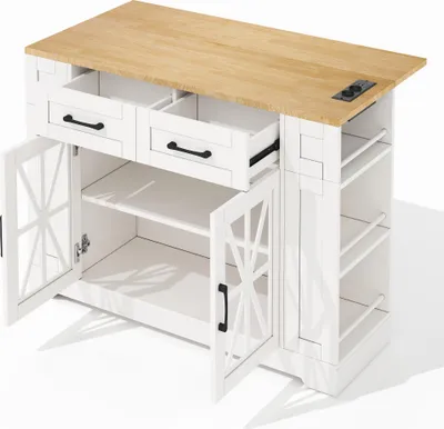 Productafbeelding van 120 cm draagbaar keukenblok met opklapbaar eettafel, open opbergruimte, AC-aansluiting, USB-aansluiting, verstelbaar laminaatblad en wielen met remmen, geschikt voor de keuken