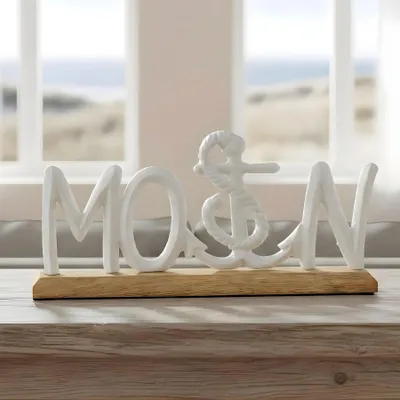 Produktbild von Moin Schriftzug Weiß L30cm Metall Mango Holz Deko Aufsteller Tischdeko Maritim Wohndekoration Norddeutsch Geschenk
