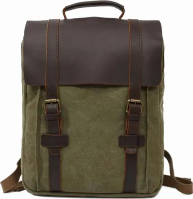 Produktbild von MORGNTAU Vintage-Rucksack "Believer" / Canvas-Stoff mit Lederklappe / 15l – Wald