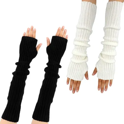 Productafbeelding van Vingerloze Handschoenen - Armwarmers - Mode Accessoire - Zachte Gebreide Stof - 2 Paren - Zwart Wit