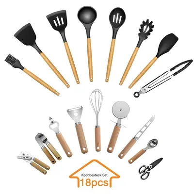 Produktbild von 18-teiliges Kochgeschirr Set ,Edelstahl Küchenhelfer mit Holzgriff, Schneidebrett, Kochlöffel, Sparschäler, Küchenschere, Gewürzgläser