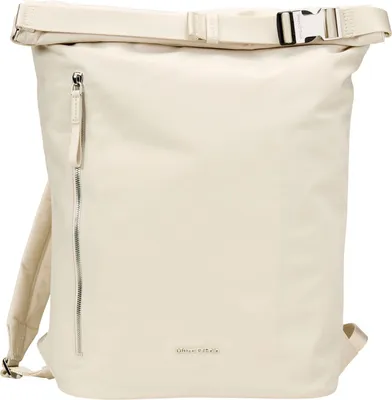 A cream-colored backpack with a roll-top closure and a silver zipper on the front.
