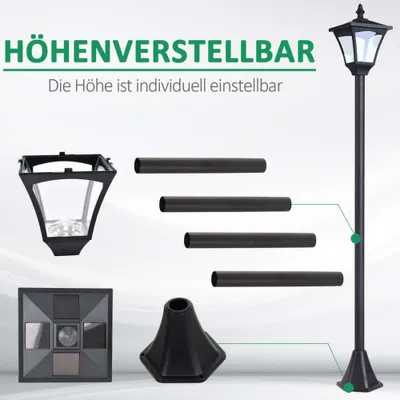 A diagram showing the components of a solar-powered garden lantern and the assembled lantern.