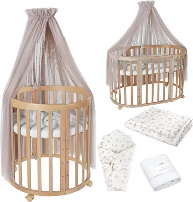 Produktbild von Waldin Babybett OWAL Kinderbett 7in1 mit Matratze, mitwachsendes Kinder-Bett,Stoffe Taupe Zweige,Holz natur