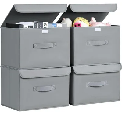 Productafbeelding van Opbergboxen met deksel, inklapbaar, van stof, met handvat, 4 stuks, lichtgrijs, 38x25x25 cm