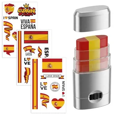 Produktbild von Spanien Fan Schminke Set 3x Flagge Gesichtsbemalung Stick und 10x Flaggen Tattoos Aufkleber Ideal für Fußball EM WM Sportevents Fanartikel Nationalfarben